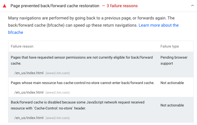 Back/forward cache audit in Lighthouse