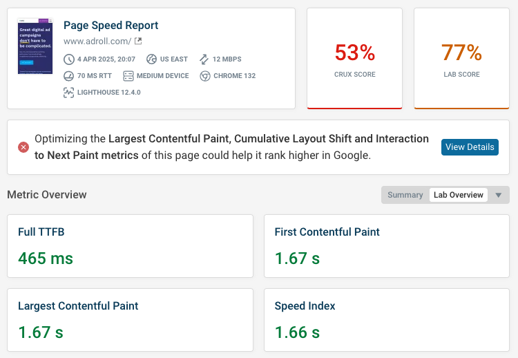 DebugBear page speed test result